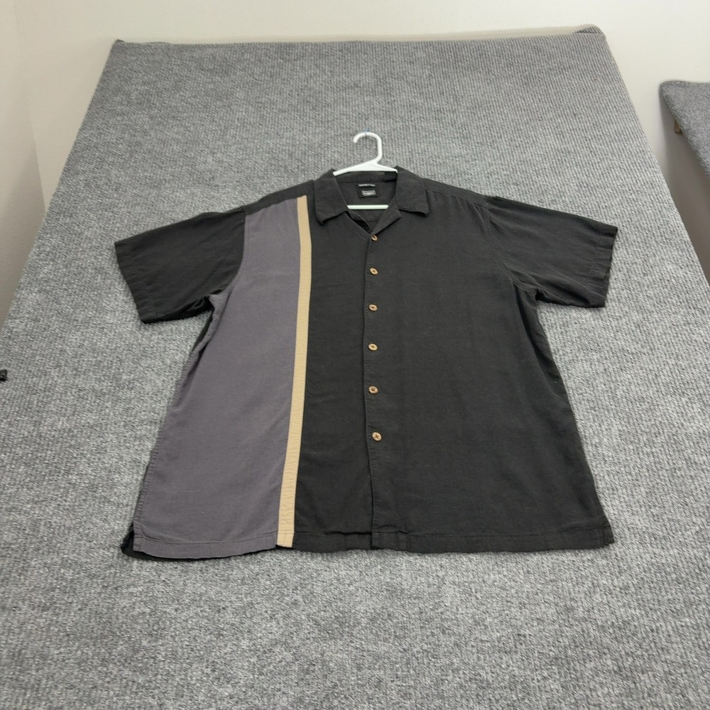 Haggar Shirt Mens XL Black Linen Blend Vertical Stripe Retro Bowling Casual